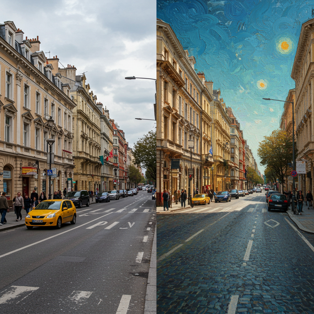 AI style transfer applies Van Gogh’s style to a city photo.