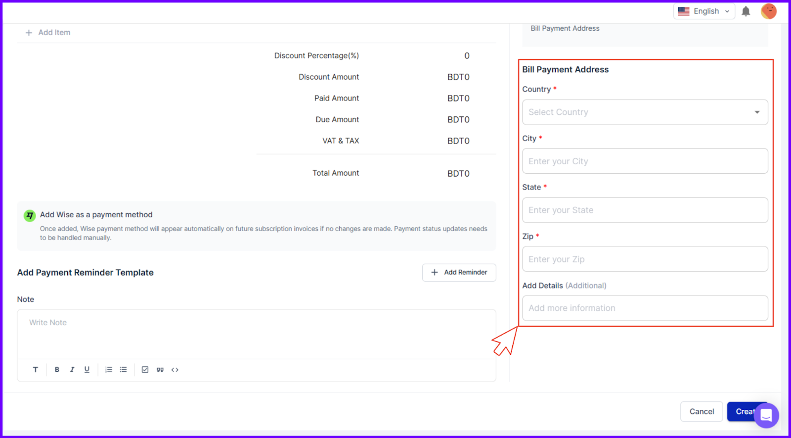 Create Invoice-Client Billing Address