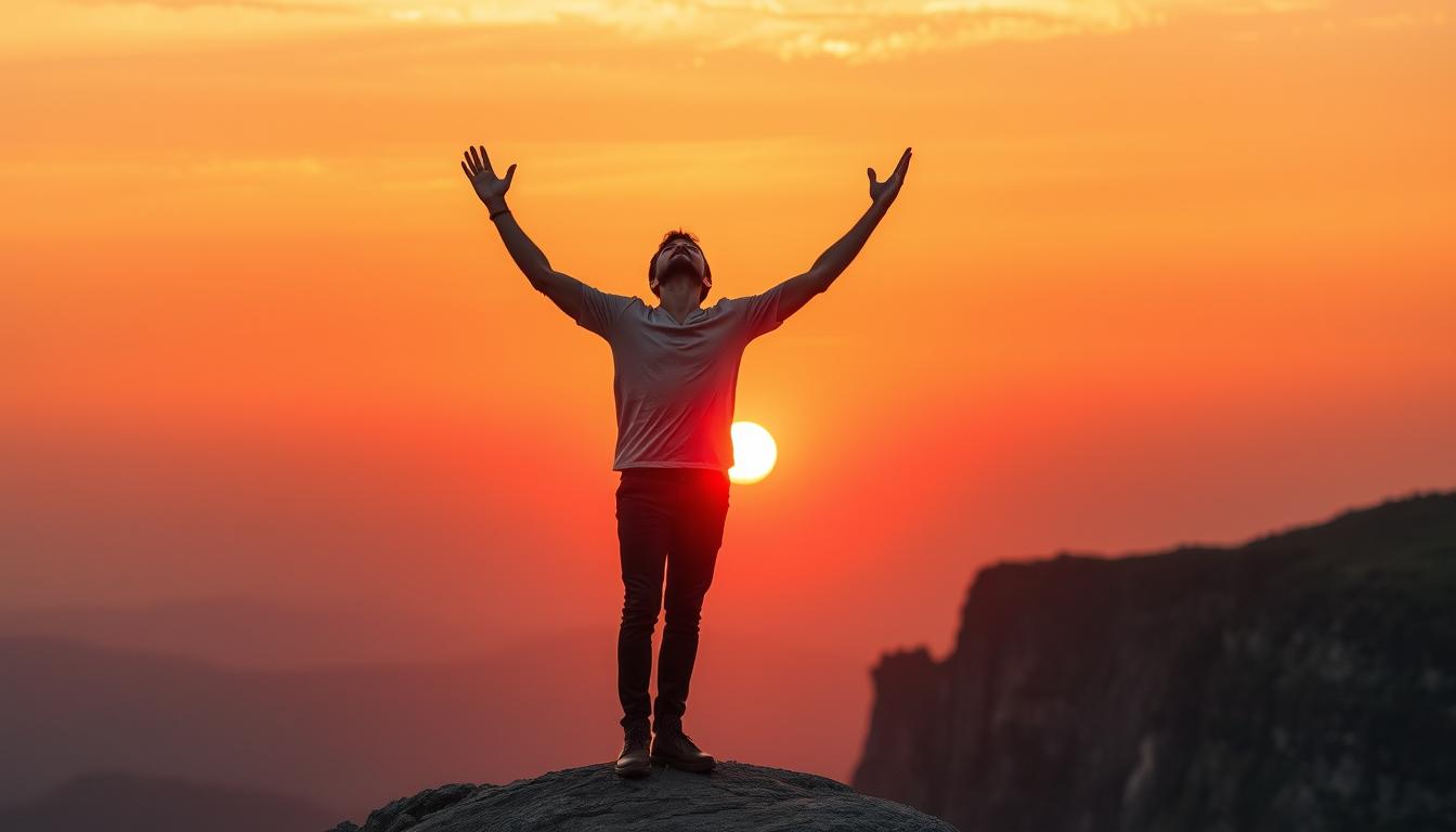 A person standing confidently at the edge of a cliff, with their arms raised towards the sky, as if they are embracing the limitless possibilities that lie ahead of them. The sun is setting behind them, casting an orange and red glow throughout the sky. The person's face is turned upwards, with a look of determination and unwavering faith in their abilities to take inspired action.