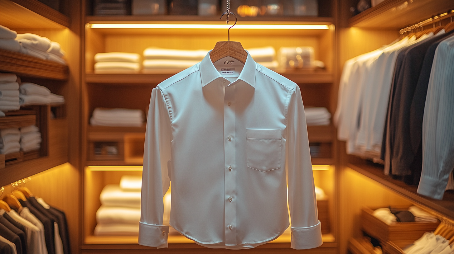 A neatly pressed white dress shirt hanging in a stylish wardrobe, displayed on a wooden hanger. The soft lighting highlights its crisp fabric, ready to pair with a tailored suit.