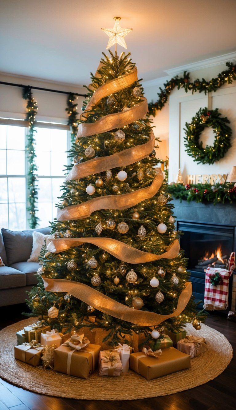 A cozy living room with a tall Christmas tree adorned with burlap ribbons, surrounded by festive decorations and twinkling lights