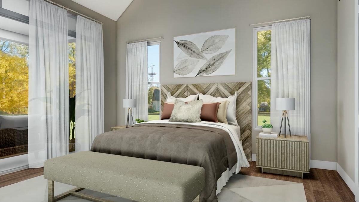 Sliding doors at the left side grants the primary bedroom with outdoor access.