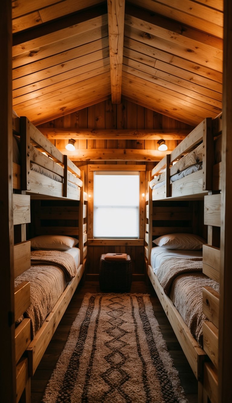 A cozy bunk room in a rustic cabin, with wooden bunk beds, warm blankets, and soft lighting creating a cozy and inviting atmosphere