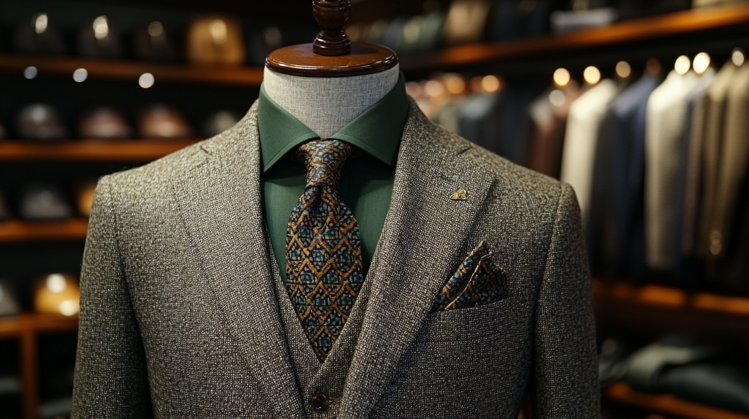 A mannequin in a medium gray suit paired with a classic green shirt. The outfit is styled for both formal and casual settings, featuring a matching tie, a patterned pocket square, and polished brown leather shoes. The background is a stylish showroom with soft lighting, enhancing the modern yet timeless look.