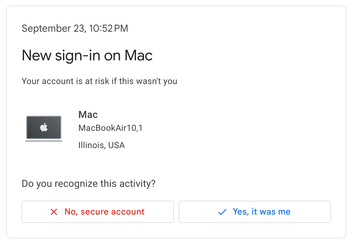 Screenshot showing an example of a new device attempting to gain access to an email account.