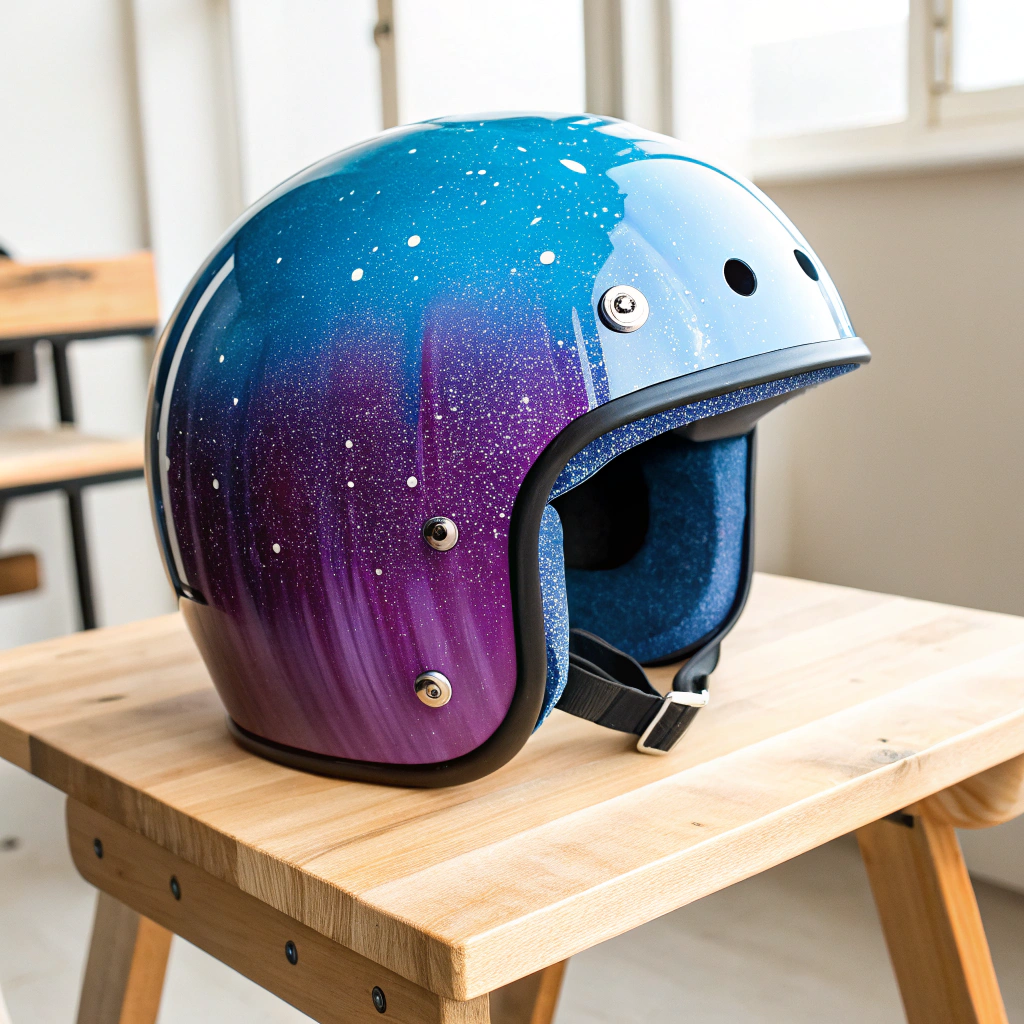 Dégradé subtil sur une planche de skate réalisé avec de la peinture en aérosol, passant du bleu nuit au violet.

