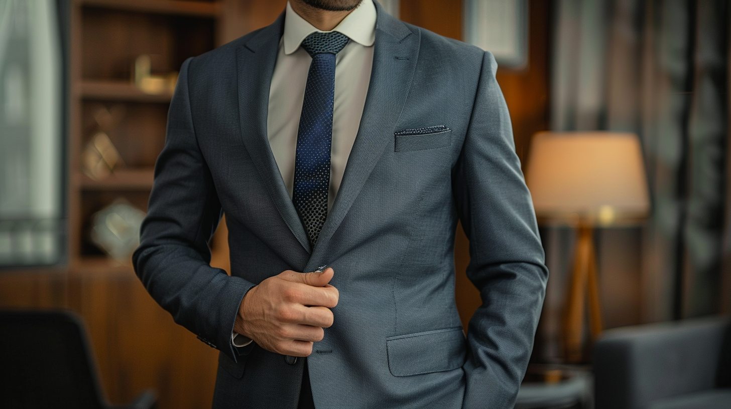 Man wearing a classic two-piece suit with matching jacket and trousers, styled for a formal or business setting, simple and versatile, clean background or office interior.