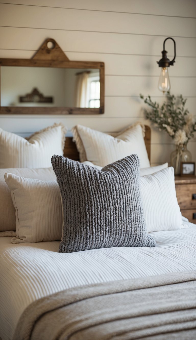 A cozy farmhouse bedroom with a textured knit cushion on a neatly made bed, surrounded by rustic decor and soft, natural lighting