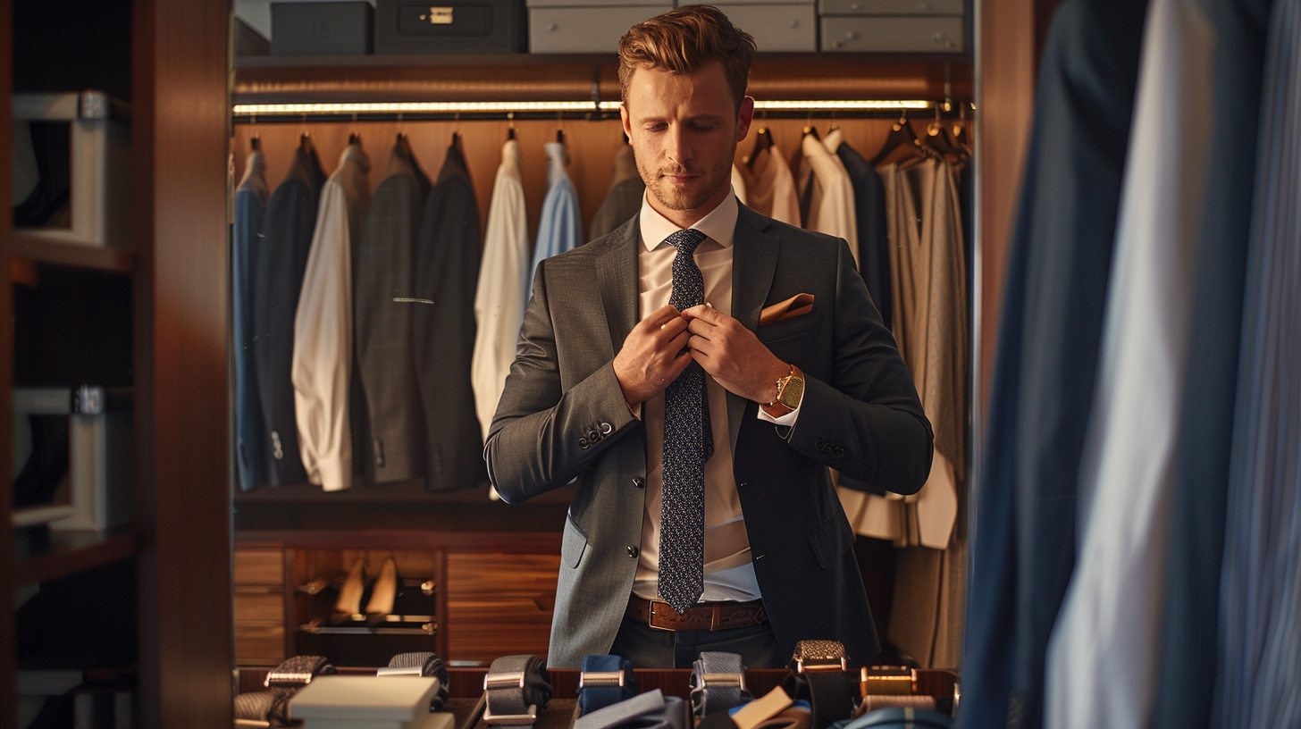 A stylish man standing in front of a wardrobe mirror, adjusting a tie while wearing a tailored suit; various ties (bow tie, necktie, skinny, knit) are laid out nearby; background includes hanging suits in different colors (navy, grey, black); well-lit modern room with subtle masculine décor; clean, confident, educational vibe