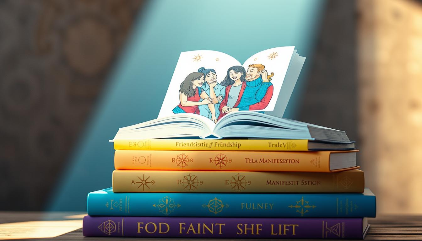 An image of several manifestation books stacked on top of each other with a beam of light shining down on them, illuminating their covers. Each book should have a unique color and design, with symbols and patterns that represent different aspects of manifesting friendship in life. The top book should be open to a page with a detailed illustration of a group of friends laughing and enjoying each other's company. In the background, there should be a subtle texture or pattern that adds depth and interest to the overall image.