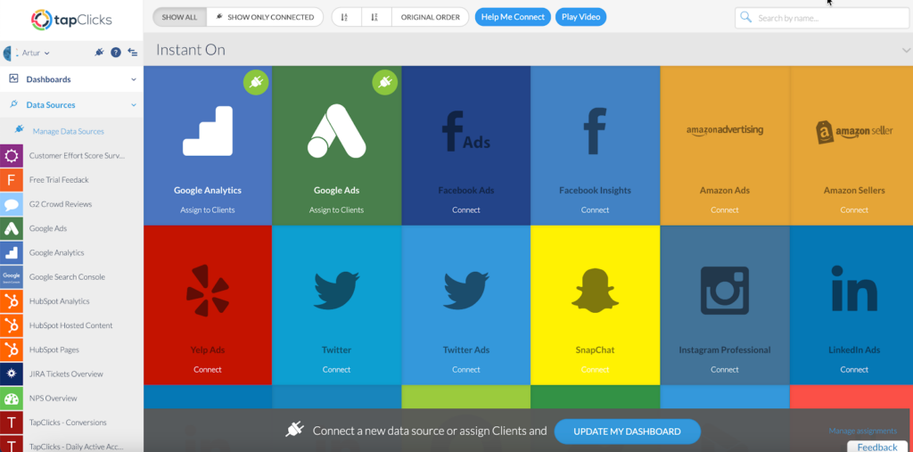 TapClicks Instant-On dashboard interface showing data source connectors including Google Analytics, Facebook Ads, LinkedIn Ads, and Twitter.