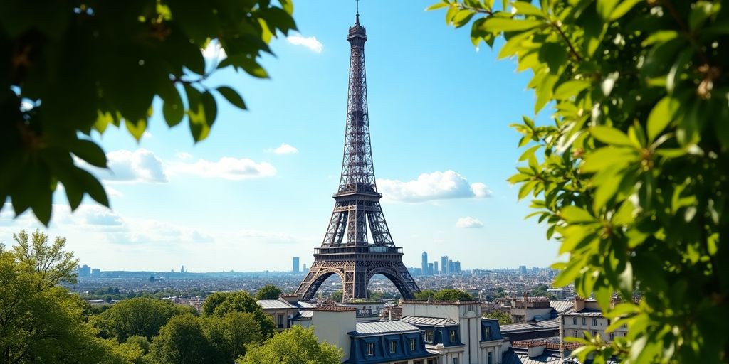 Eiffel Tower surrounded by trees and blue sky in Paris.