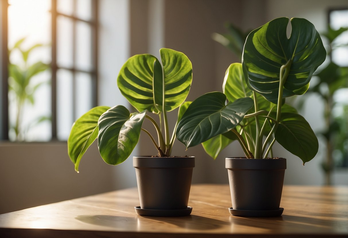 Two Philodendron plants side by side, Atabapoense with heart-shaped leaves and Billietiae with elongated, narrow leaves. Both plants are potted and placed on a wooden table in a well-lit room