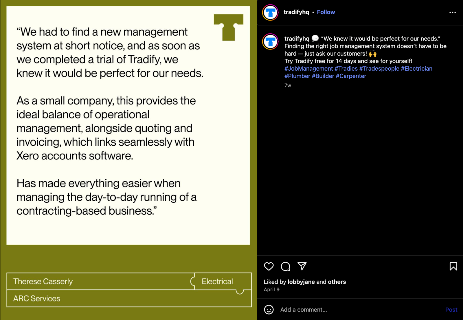 Tradify's testimonial on Instagram