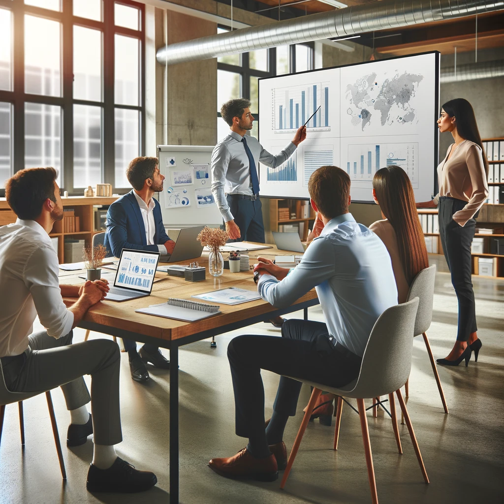 A diverse group of people gathered in a meeting room, focused on a presentation displayed on a projector screen.