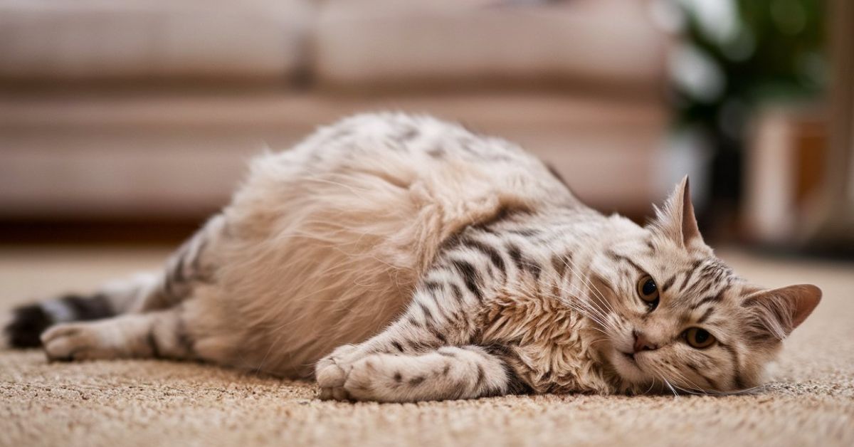 A cat resting on the floor in front of a couch, illustrating the theme of Behavioural Changes During Pregnancy.