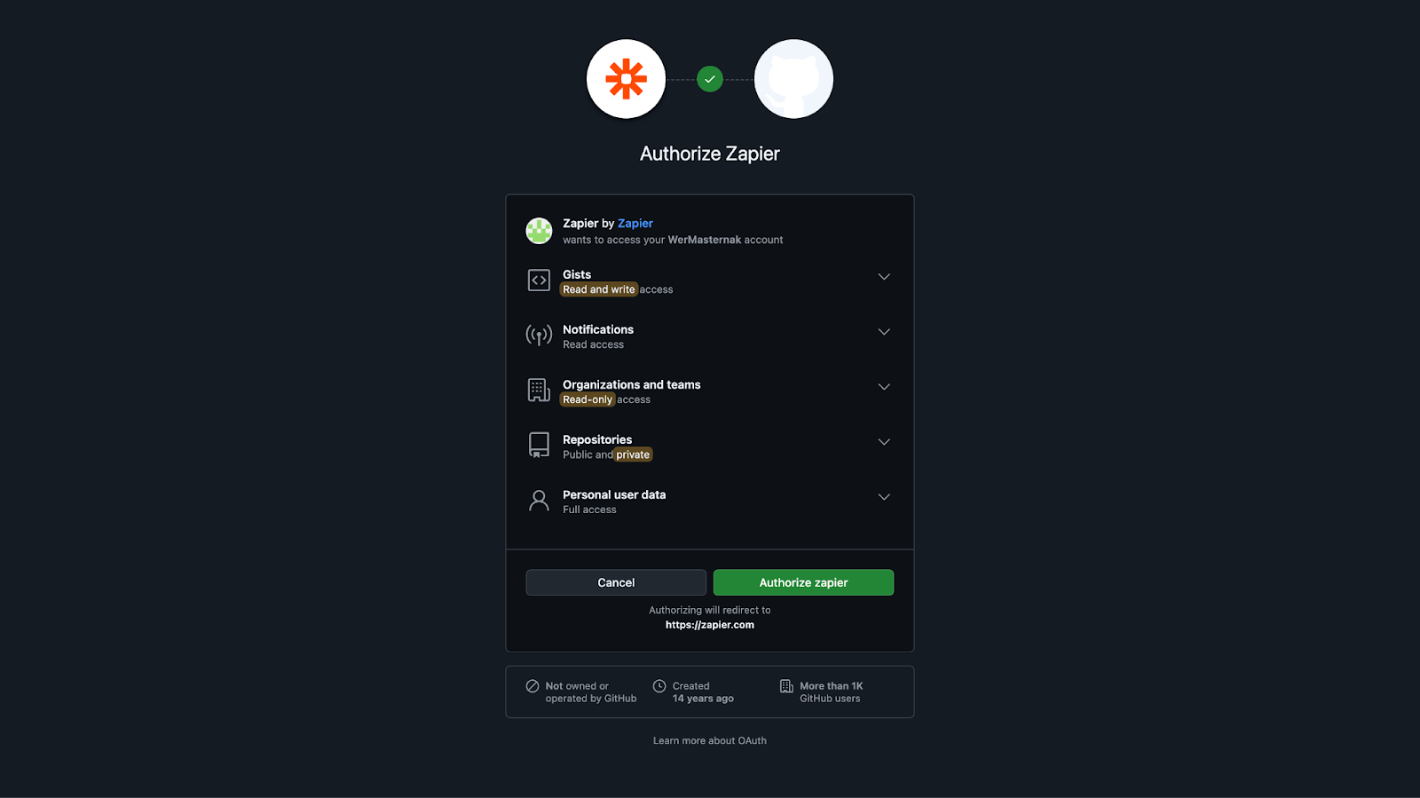 Authorization of Zapier in GitHub.