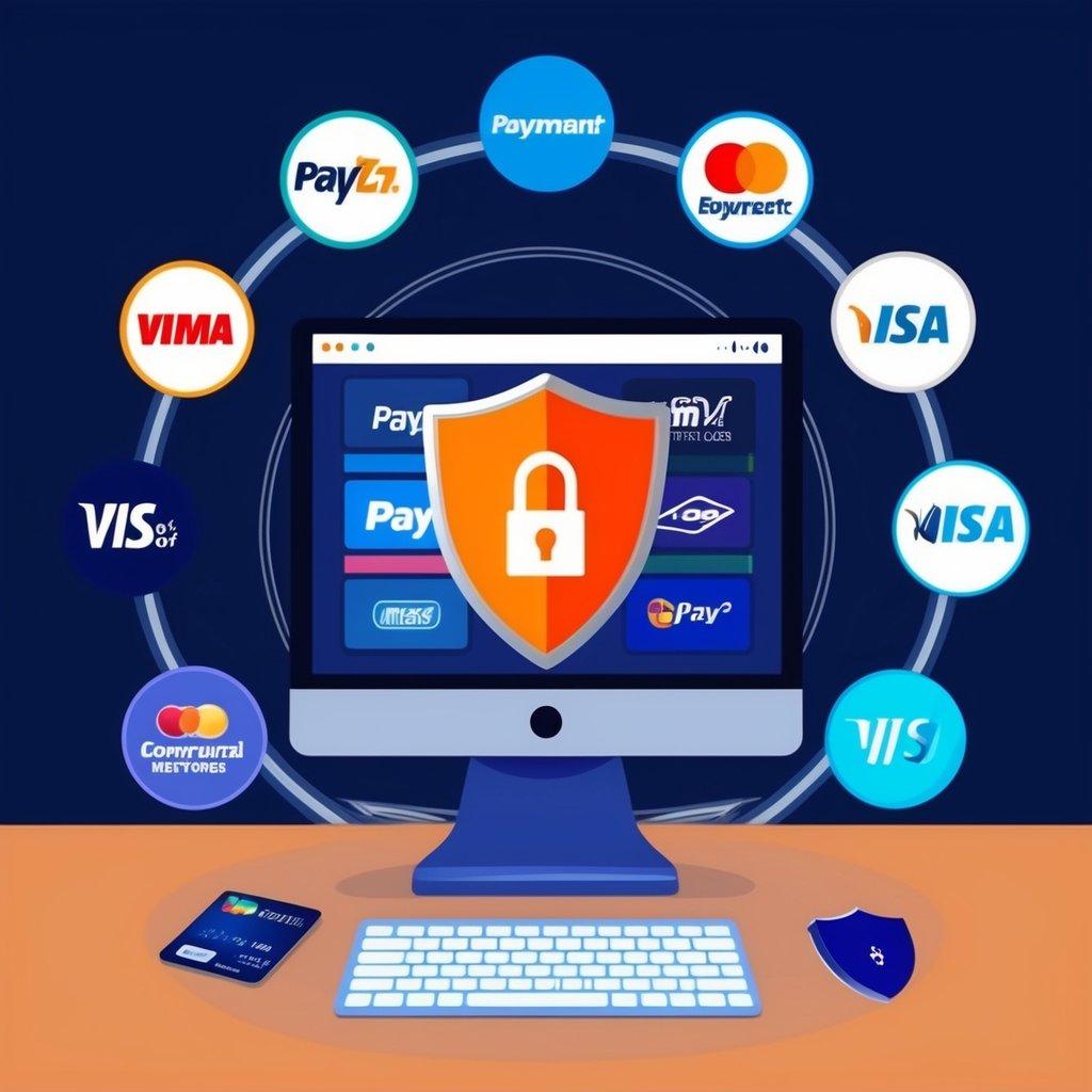 A computer screen with various payment method logos surrounded by a secure lock symbol and a shield, representing safe online gambling payments