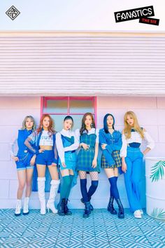 This contains an image of girls' generation FANATICS' group members posing in front of a building with their arms around each other, wearing short skirts and knee high boots