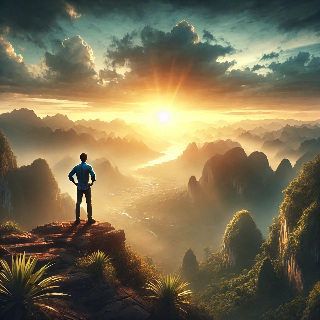 A person standing at a scenic overlook, looking inspired and reflective, symbolizing achieving a fulfilling life through self-awareness.