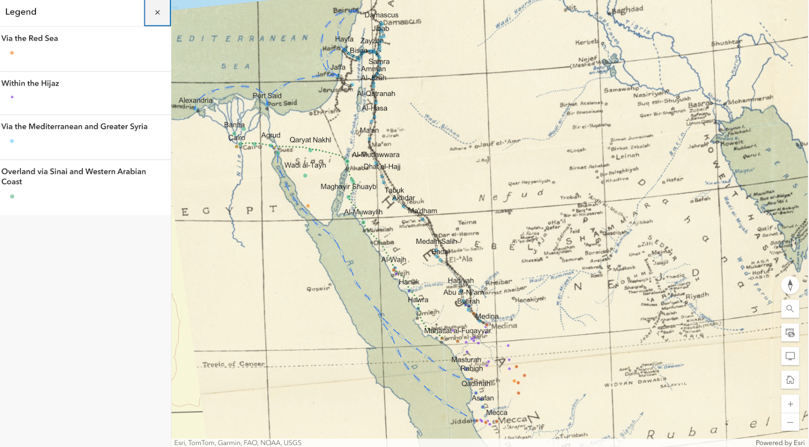 Screenshot of the map with a 1916 map drawn by the British army, without nation-state borders, transposed onto it. 