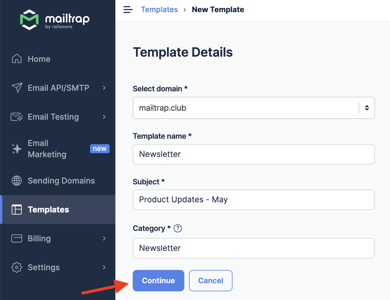 Mailtrap Template Details menu