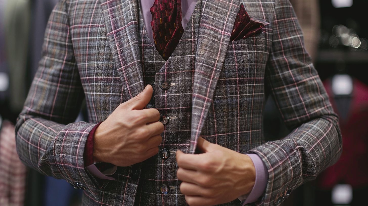 A man in a checked or pinstriped patterned suit, confident and stylish, at a semi-formal gathering or fashion event