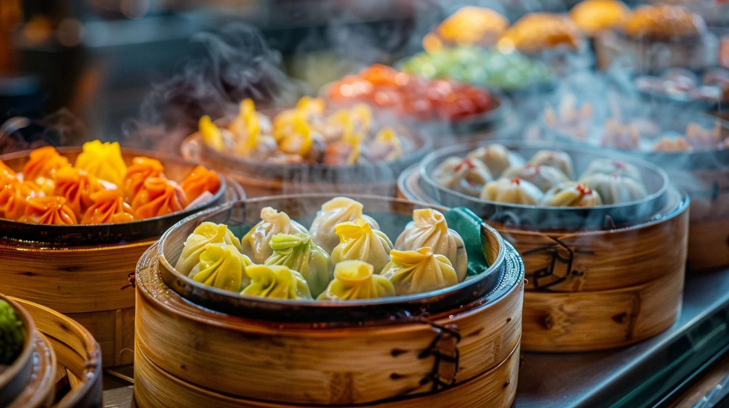 This captivating image captures the vibrant and bustling atmosphere of a local food market, where bamboo steamers piled high with colorful, freshly made dumplings draw the attention of passersby. The steam rising from the baskets creates a mystical aura, hinting at the warm, tasty morsels inside. Each dumpling, delicately shaped and filled with various ingredients, represents a staple of traditional Asian cuisine, inviting viewers to imagine the flavors and craftsmanship involved in their preparation.