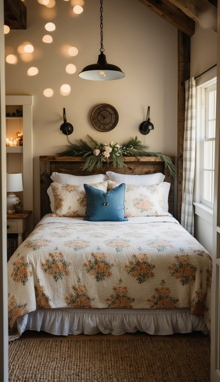 A cozy farmhouse bedroom with a vintage floral bedspread, surrounded by rustic decor and soft lighting