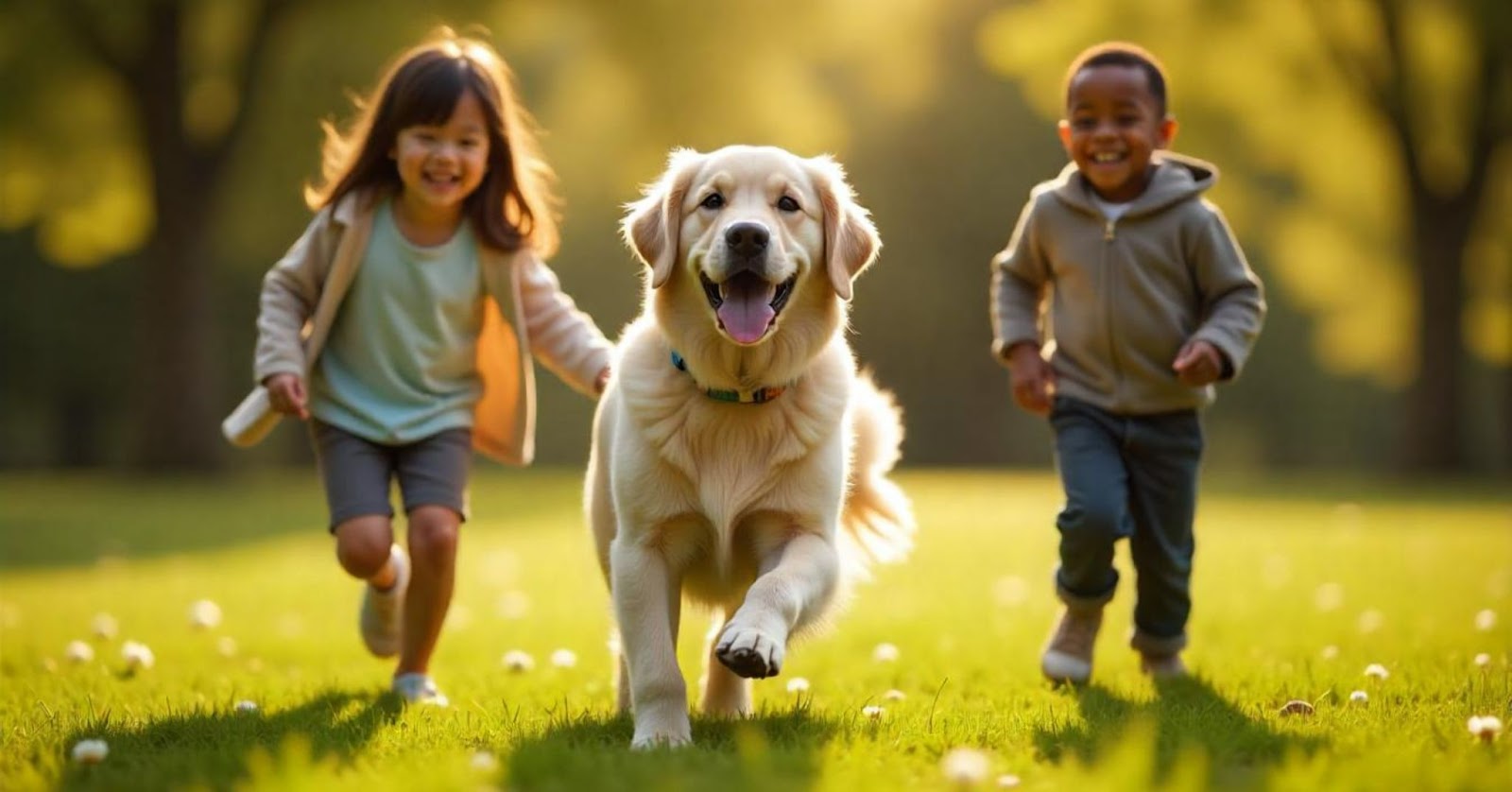 Two kids running behind a happy golden retriever in a sunny park with vibrant green grass.