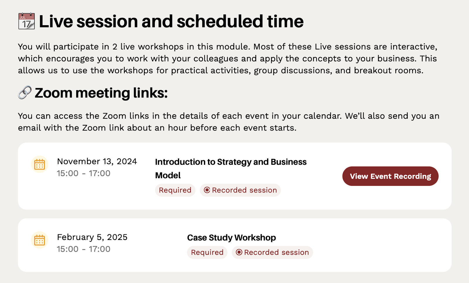 image of how the Event Block for Live Sessions displays on the frontend.