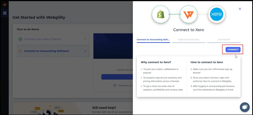 Illustrated setup for Xero integration with Webgility