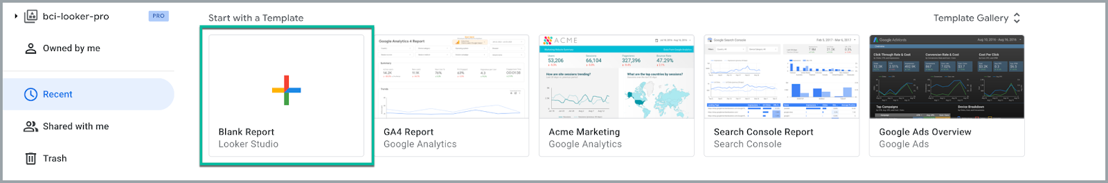 Looker Studio template selection – five options, from blank to predefined setups for GA4, Google Ads, and Search Console; perfect for a quick start.