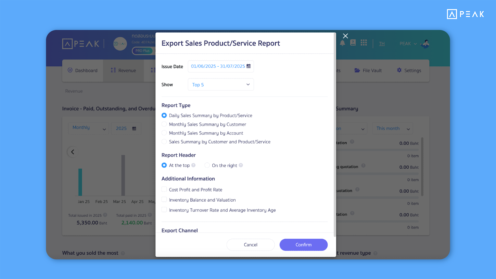 PEAK sales summary report options: by customer, account, or item.