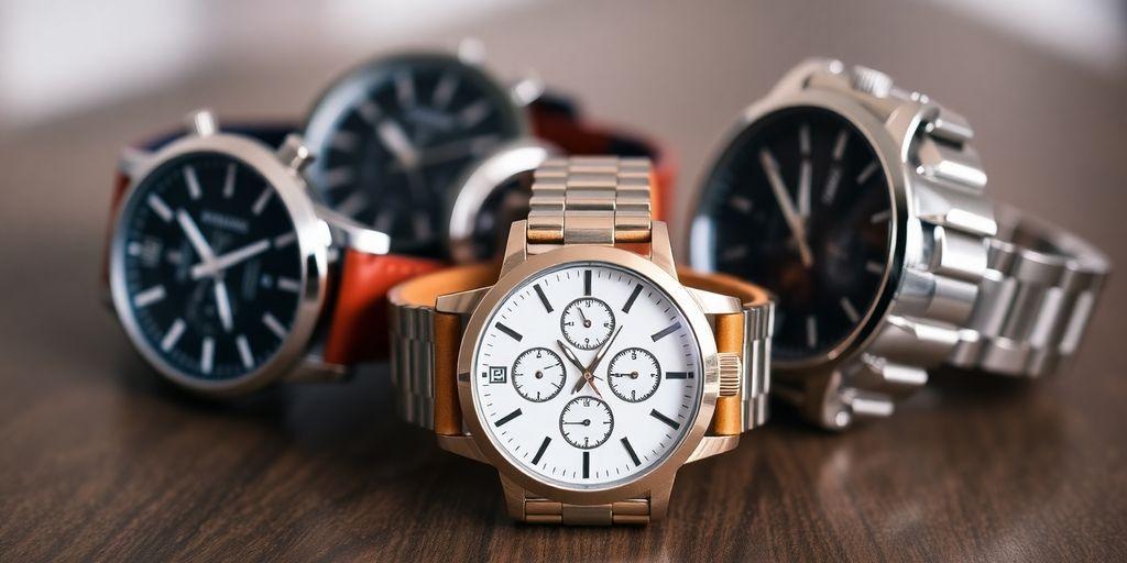 Collection of diverse watches on a wooden surface.