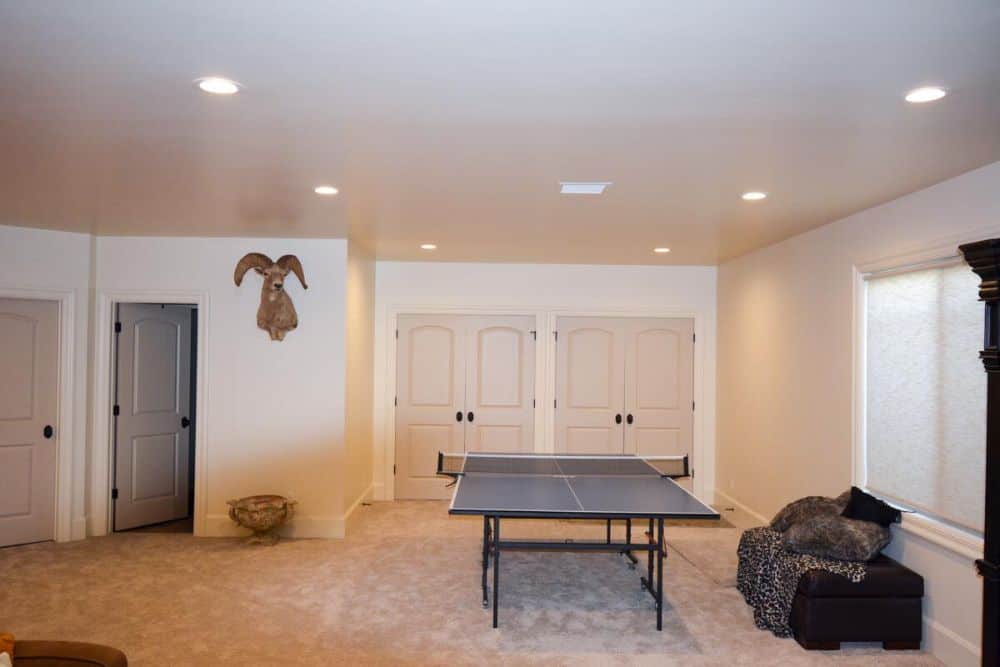 The basement includes a pingpong table and storage closets enclosed in white french doors.