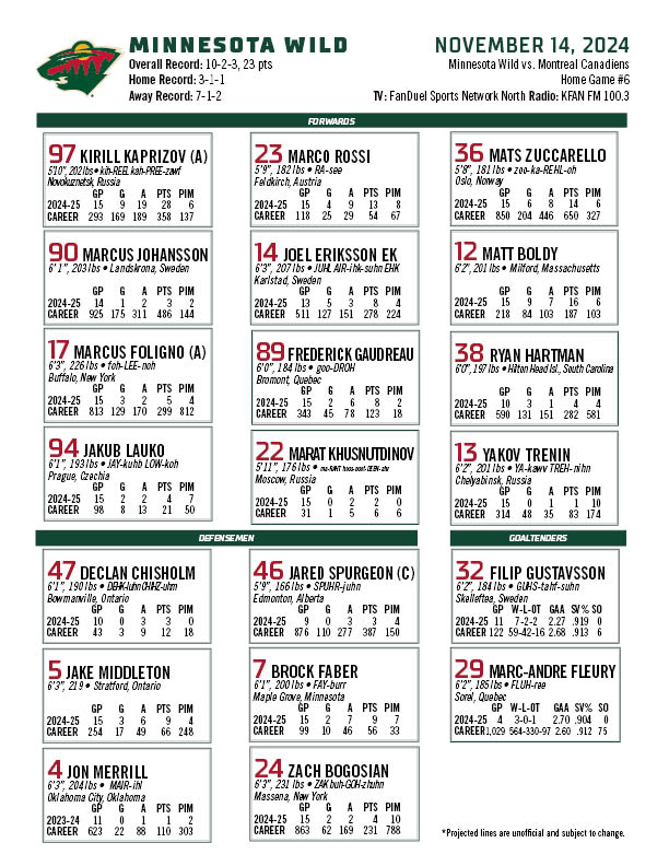 Minnesota Wild Lineup vs the Montreal Canadiens - November 14th, 2024