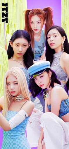 This contains an image of ITZY group members posing together in front of some colorful wallpaper and one is wearing a hat