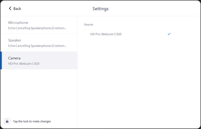Settings screen on the DTen showing options to test and select camera sources