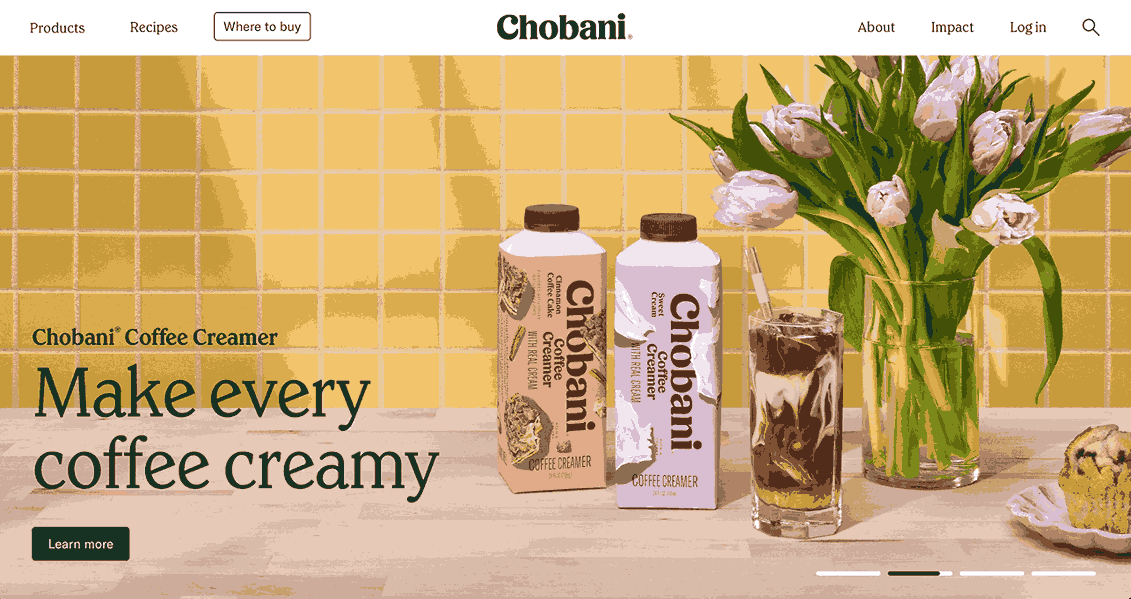 A screenshot of Chobani homepage 