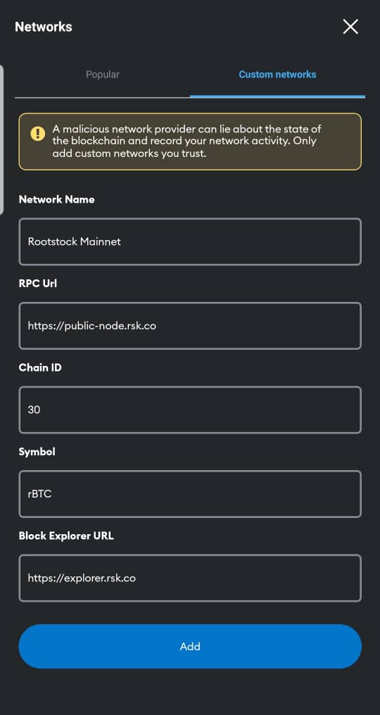 An image of showing how to add rootstock mainnet network to a meta mask wallet