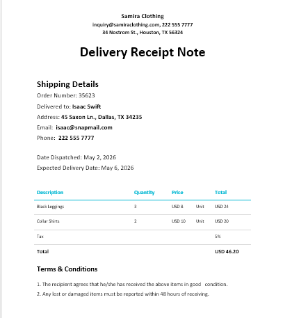 Receipt Templates Word: Delivery Receipt Note template by Template.Net