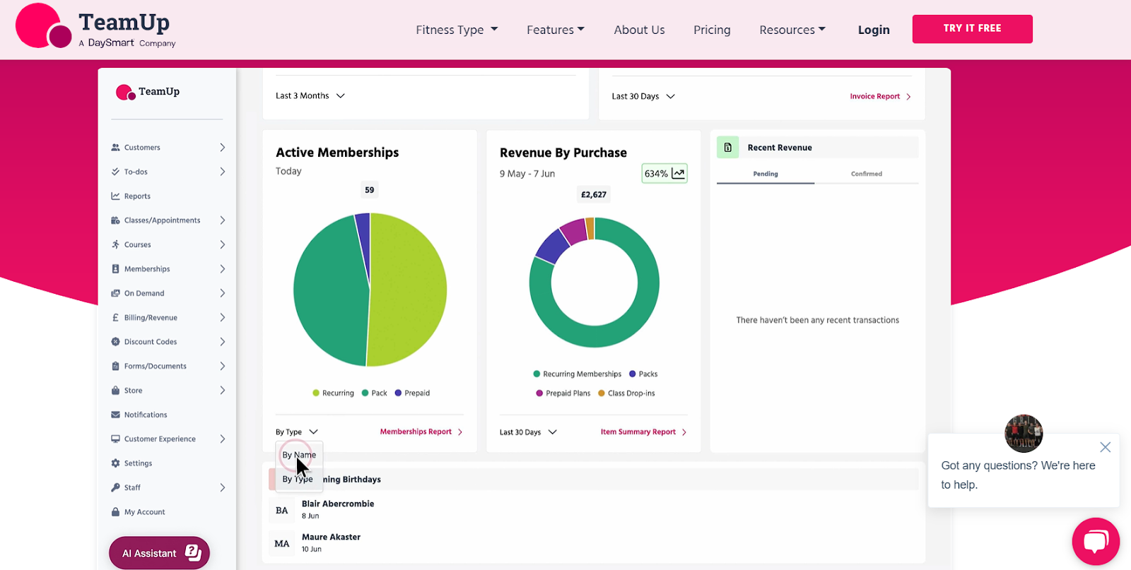 TeamUp dashboard