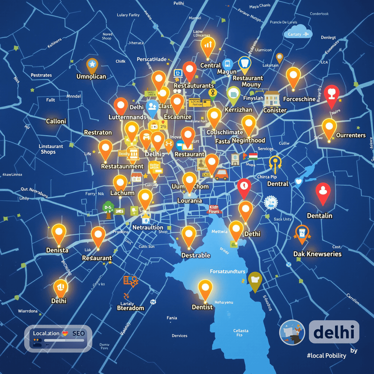 Digital map of Delhi with glowing pins and icons for restaurants, shops, and dentists, illustrating local SEO connecting customers to nearby businesses.