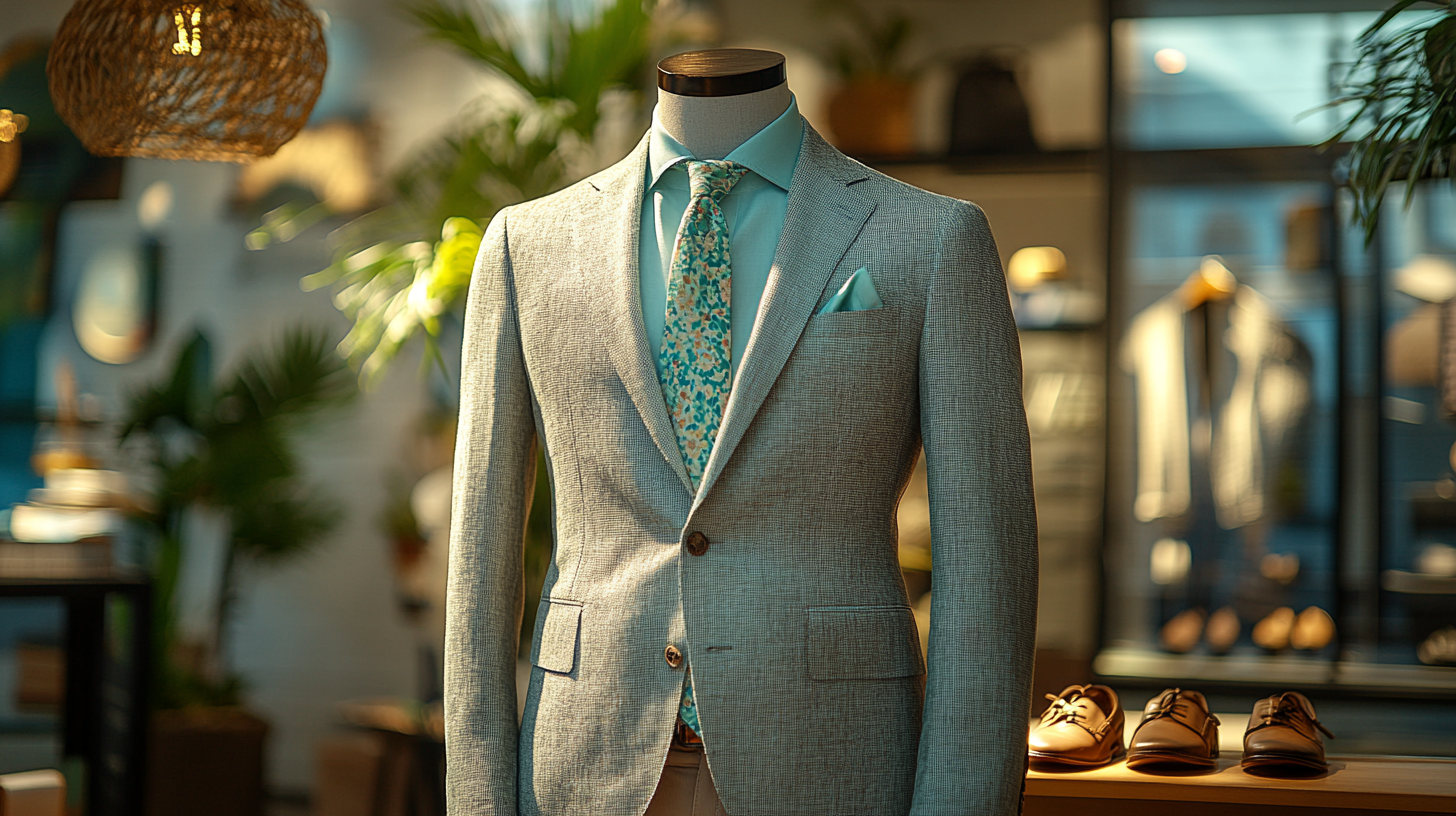 A mannequin in a light gray suit with a fresh mint green shirt, styled for a breezy spring or summer event. The outfit includes a soft pastel tie, a coordinating pocket square, and light brown suede loafers. The setting is an airy, sunlit space with natural elements, enhancing the crisp and refreshing aesthetic.