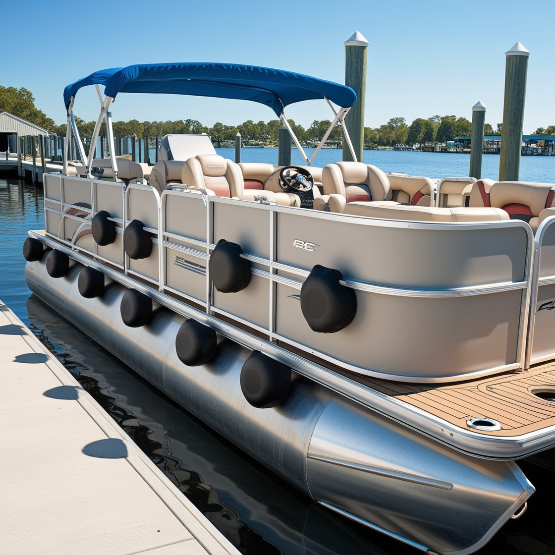 Pontoon boat with fenders docked at a marina.