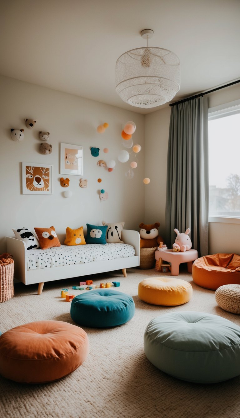 A cozy kids' bedroom with animal-shaped cushions scattered around a colorful play area