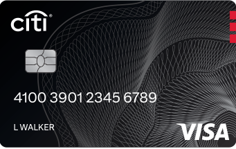 A Citi-branded Visa credit card with a black background featuring a modern, wavy line pattern. The card has a silver chip on the left side, a 16-digit card number in the center, and the cardholder's name, 'L WALKER,' below it. The Visa logo appears in white on the bottom right corner, and three red lines are visible on the top right.