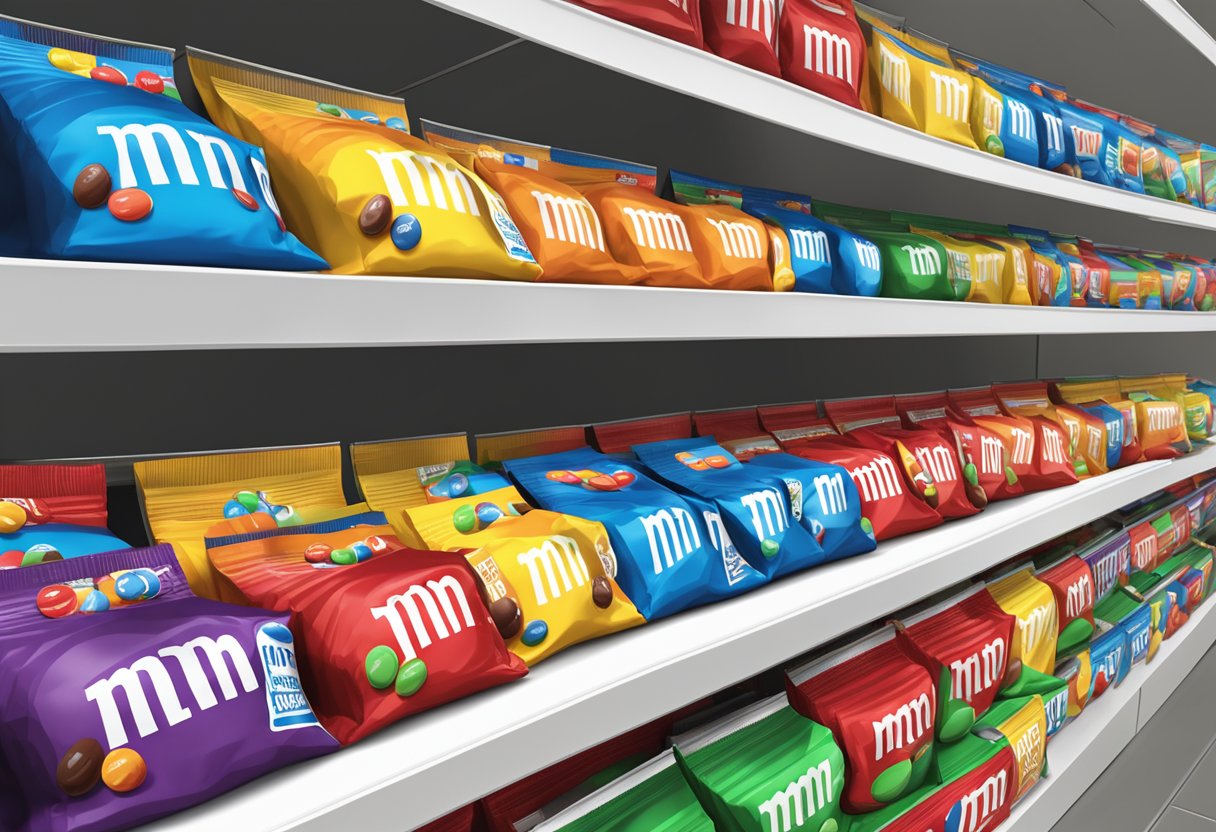 A stack of colorful custom M&M's bags with price tags on a store shelf