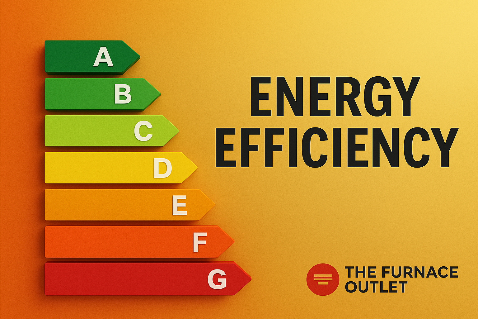 A 2D digital graphic design features energy efficiency ratings from A to G on a gradient orange-yellow background, with bold black text reading "Energy Efficiency" and The Furnace Outlet logo in the bottom corner